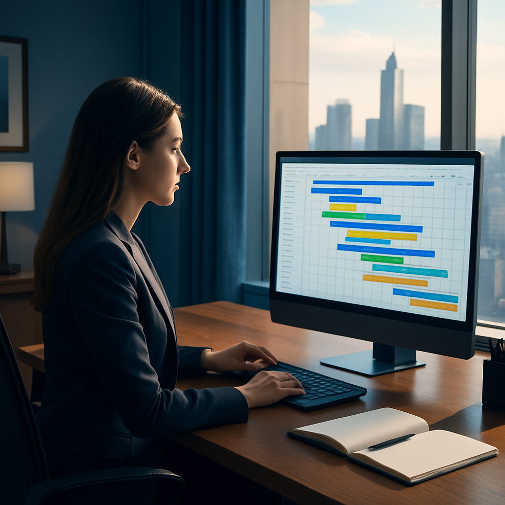 In a sleek modern office bathed in soft afternoon light a focused software project manager sits behind a polished wooden desk She wears a sharp blazer