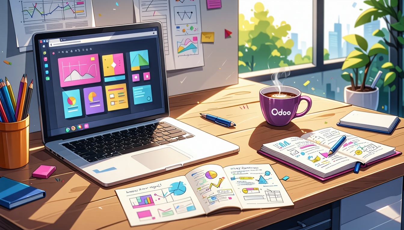 The image depicts a cozy workspace filled with an array of research materials A sleek laptop sits open on a wooden desk displaying a colorful presentation on Odoo with charts and graphs outlining its functionalities Next to the laptop a notepad fille-3