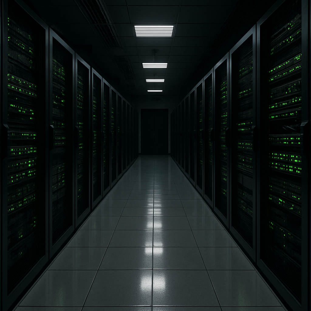 a dim but neat and clean looking datacenter with many racks and netwrork devices clean and shiny tiles black server racks and green lights blinking on